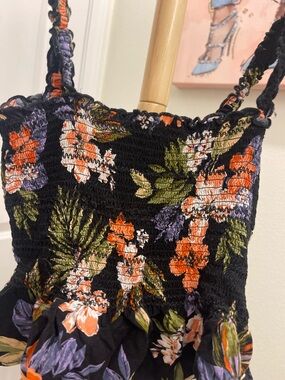 Women's Black Floral Smocked Tank Top with Orange & Purple Blooms